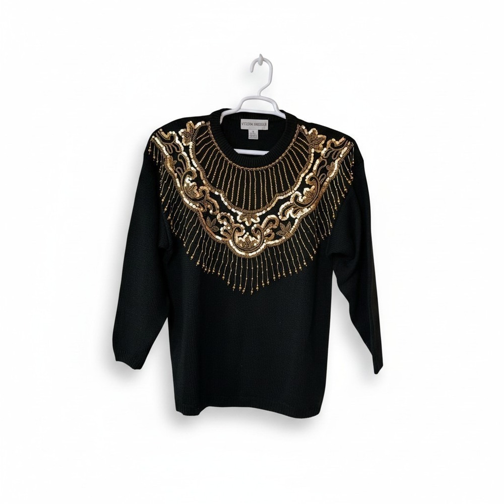 Victoria Harbour Vintage Sequined Beaded Black Cotton Ramie Sweater Women's L